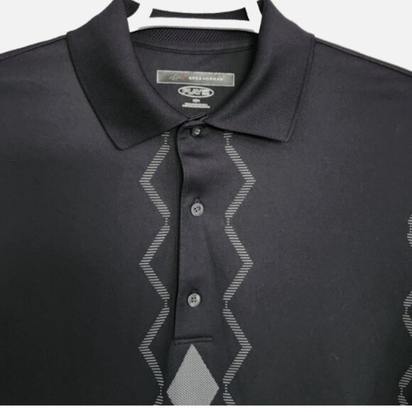 Greg Norman PlayDry Mens Polo Medium Short Sleeve Polyester Black Gray Geometric - Picture 2 of 9